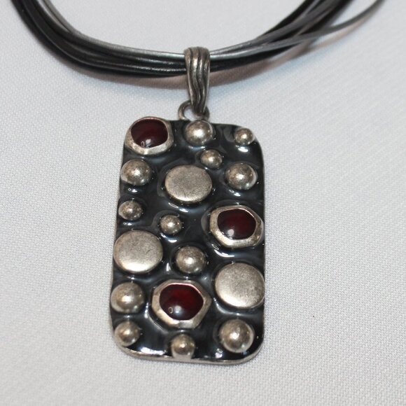 Chico's Melatlic Modern Art and Garnet Medalion Necklace - Picture 9 of 10